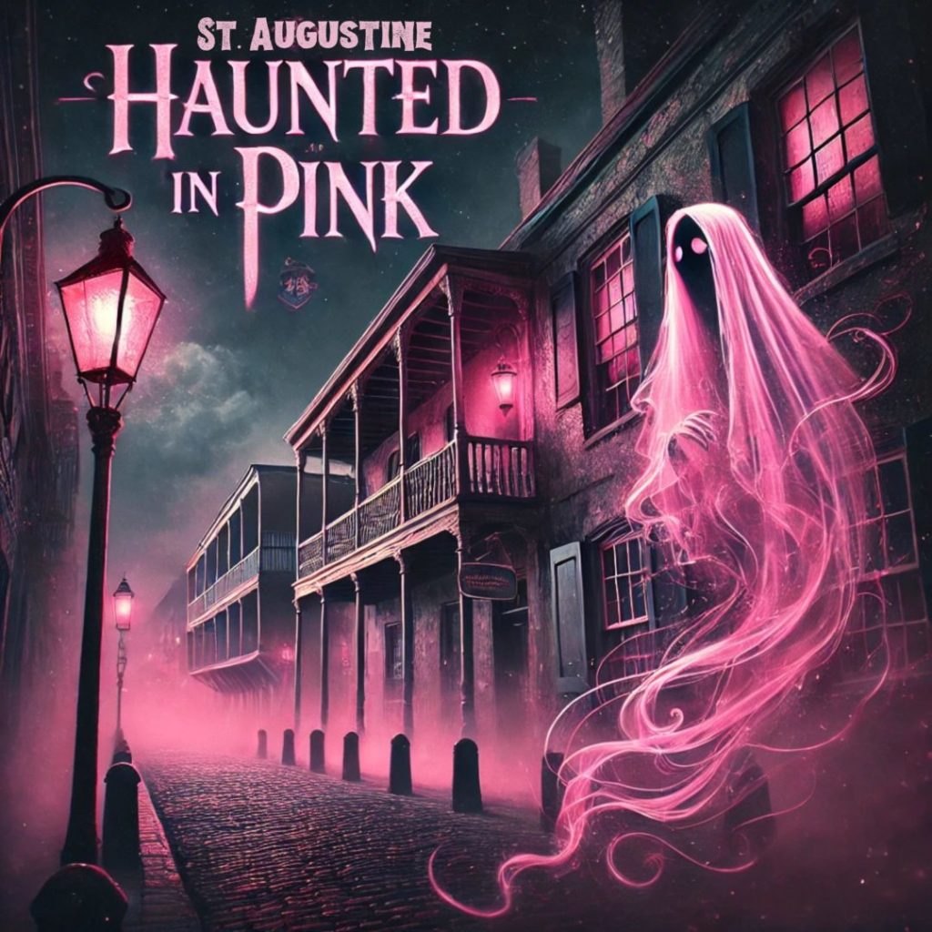 Pink-hued ghost hovering along a historic cobblestone street in Saint Augustine, Florida, promoting a vibrant pink-themed haunted tour experience